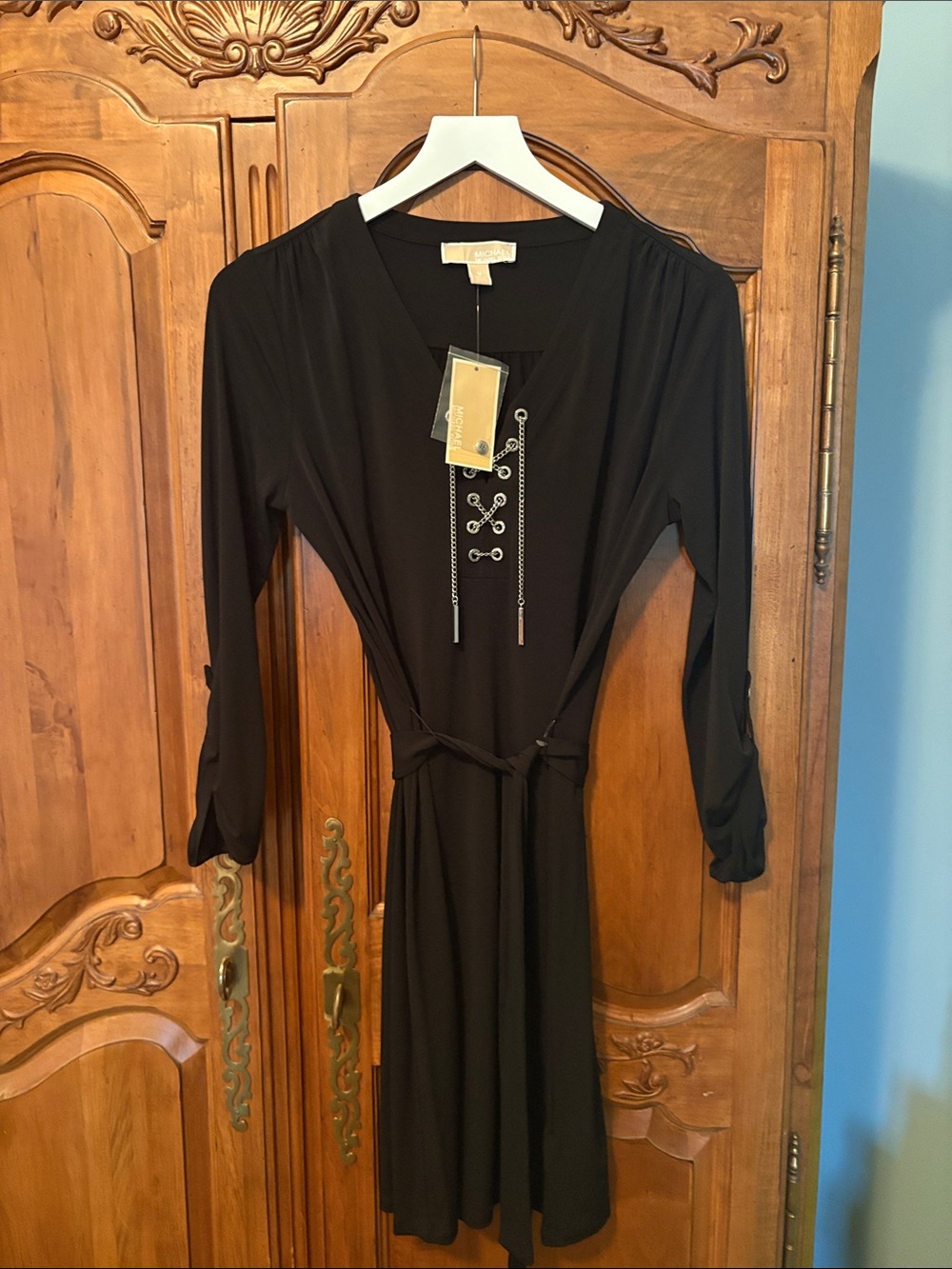 MICHAEL Michael Kors Black Tie-Waist Dress with Decorative Grommet Detail